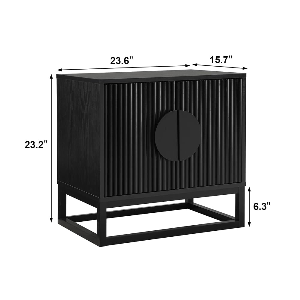 conifferism Modern Black Night Stand 24" Wide with Solid Wood Doors, Bedroom Nightstand 24" Tall Bedside Tables, Mid Century Vintage Fluted Sofa End Side Table Living Room conifferism