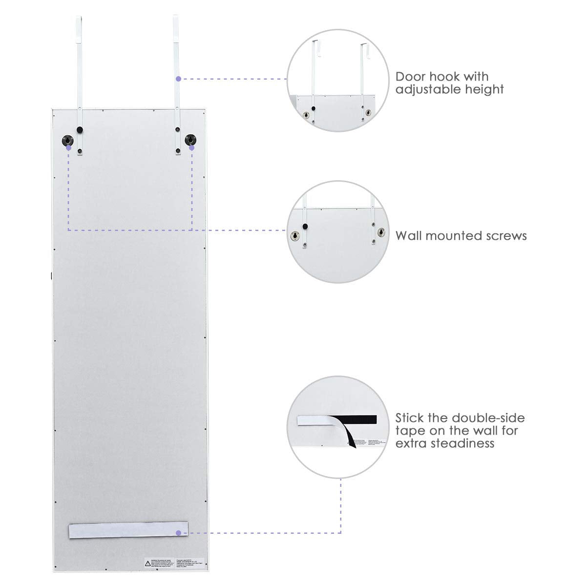 Giantex Jewelry Armoire Wall Door Mounted, Lockable Jewelry Cabinet with 42.5'' Full Length Mirror, 2 LEDs Jewelry Organizer Box with 2 Drawers, Mirror with Jewelry Storage (White) - WoodArtSupply