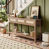 SUPERJARE Rattan Console Sofa Table with Outlets and USB-C Port, 3 Drawer Entryway Table with Synthetic Rattan Surface, Open Shelf, Behind Couch Entry Foyer Hallway Storage, Brown SUPERJARE