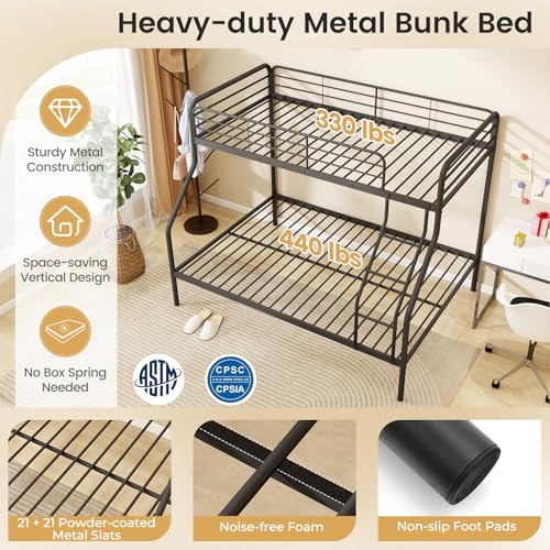Giantex Metal Bunk Beds Twin Over Full Size, Heavy Duty Bunk Bed for Teens Adults with Ladder & Guardrails, Space Saving Metal Bunk Bed for Dorm, Bedroom, Apartment, No Box Spring Needed (Black) Giantex