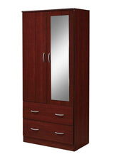 HODEDAH 2 Door Wood Wardrobe Bedroom Closet with Clothing Rod inside Cabinet, 2 Drawers for Storage and Mirror, Mahogany Hodedah