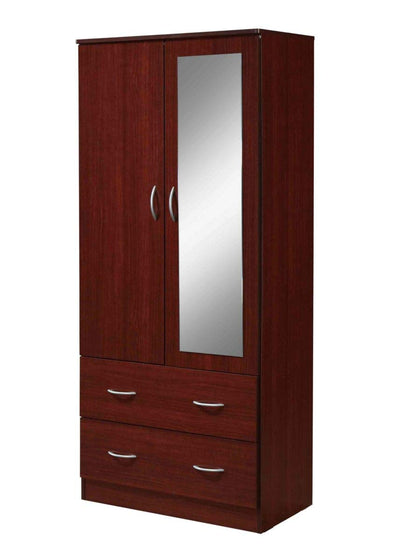 HODEDAH 2 Door Wood Wardrobe Bedroom Closet with Clothing Rod inside Cabinet, 2 Drawers for Storage and Mirror, Mahogany
