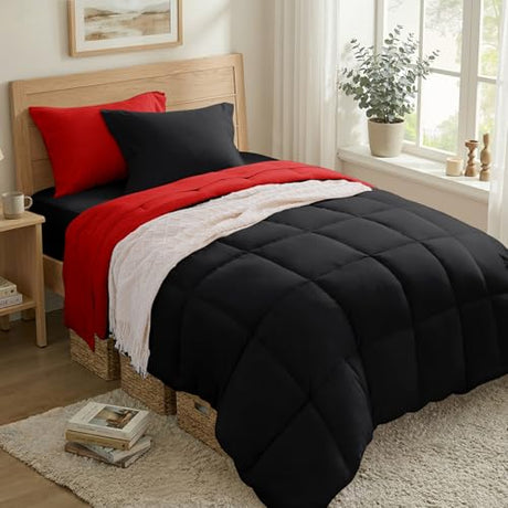 Anluoer Twin Comforter Set 5 Pieces, Black Bed in a Bag Bedding Set with 1 Comforter(68"*88"), 1 Pillow Sham, 1 Pillowcase, 1 Flat Sheet, 1 Fitted Sheet(39"*75") Anluoer