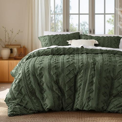 Bedsure Boho Duvet Cover Queen Size, Soft & Comfortable Elegant Design Boho Bedding for Decoration, Machine Washable Comforter Cover for All Seasons,Includes 1 Duvet Cover & 2 Pillow Shams,Olive Green