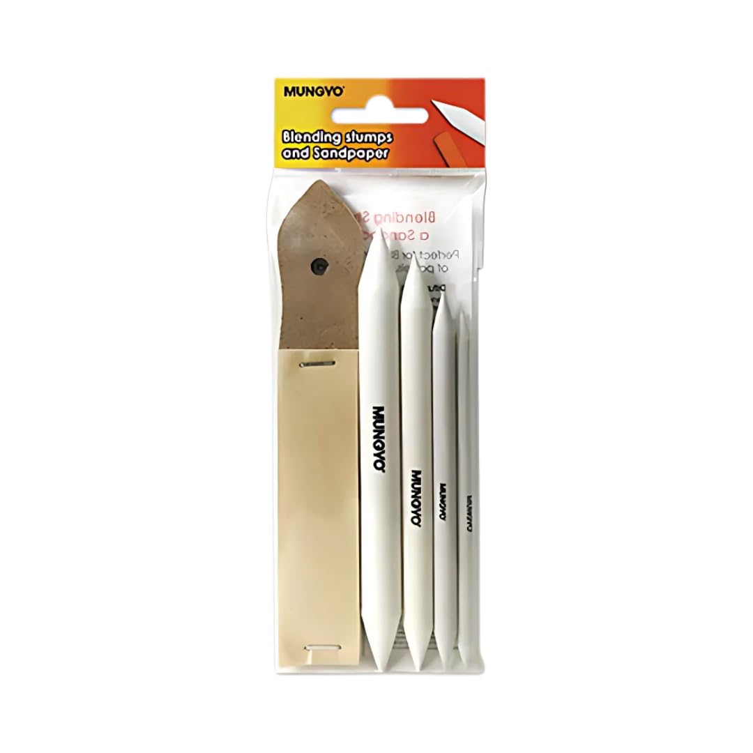 MUNGYO Blending Stumps and Sandpaper Set – 4 Sizes for Blending & Shading Pastels, Charcoal, and More – Includes Sandpaper Sharpener MUNGYO