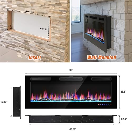 Jarka&Co 50" Electric Fireplace Insert-Wall Mounted Fireplace and Recessed Fireplace Electric with Remote Control, Timer, Low Noise, Multicolor Flames, 750 | 1500W Jarka&Co
