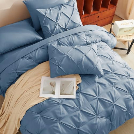 CozyLux King Size Comforter Set Grayish Blue, 7 Pieces Pintuck Bed in A Bag Blue Comforter King Size, Pinch Pleat Bedding Set with All Season Comforter, Sheets, Pillowcases & Shams CozyLux