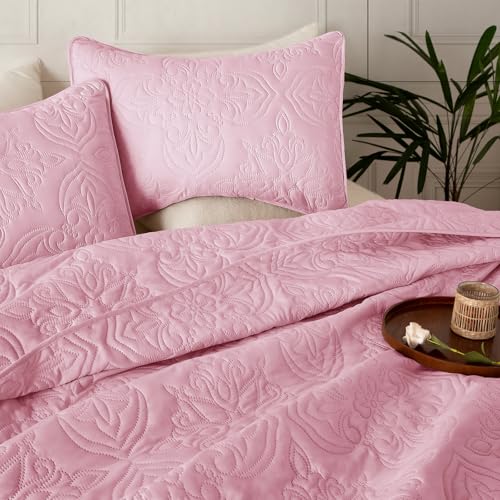 Whale Flotilla Soft Twin Quilt Bedding Set for All Seasons, Elegant Vintage Damask Ultrasonic Quilts Set, Lightweight Reversible Bedspread, Coverlet, Bed Cover with 1 Pillow Sham, Pink Whale Flotilla