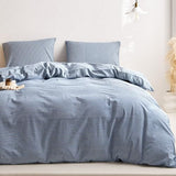 Wake In Cloud - Striped Cotton Duvet Cover Set, 100% Washed Cotton Textured Percale Bedding Set, Ticking Stripe Pinstripe Farmhouse, 3 Pieces, Denim Blue, Full Size Wake In Cloud