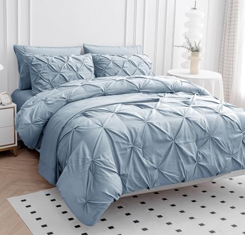 LANE LINEN Twin Comforter Set - 5 Piece - Elegant Pintuck Stitch Design Bedding - with 1 Comforter, 1 Pillowcase, 1 Sham, 1 Flat & 14" Fitted Sheet - Super-Soft, All-Season Everyday Use – French Blue LANE LINEN