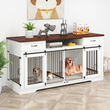 Livofloral 71”Double Dog Crate Furniture for 2 Dogs, Heavy Duty Dogs Kennel Furniture with Removable Divider & Drawers, End Table Dog Crate with Sliding Barn Doors, Extra Large TV Stand, White Brown Livofloral