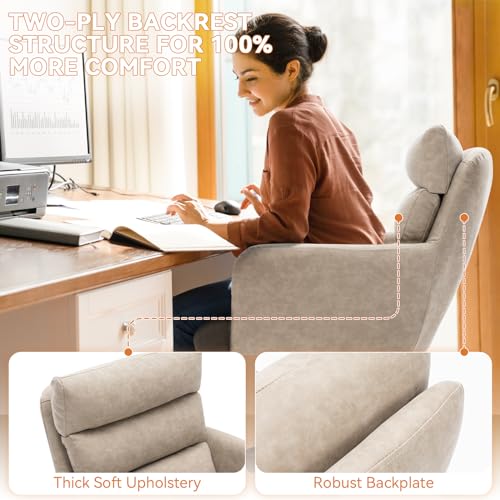 BALIAA Leather Home Office Desk Chair, Small Comfy Faux Leather Office Chair with Wheels, Modern Adjustable Swivel Desk Chair with Back Support & Black Swivel Base for Home, Bedroom, Study, Beige BALIAA