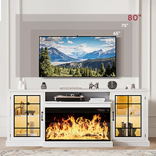 MXV 70'' Fireplace TV Stand, Farmhouse Entertainment Center with 3 Sided Glass TV Stand, Modern Media Console Table with Storage Drawers & Cabinets with LED Flame and Lights for Living Room, White MXV