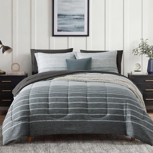 Monbix Full Size Comforter Set - 7 Pieces Bed in a Bag Full, Grey-Stripe Bedding Sets, All Seasons Comforter Bed Set with Sheets, Pillowcases & Shams Monbix