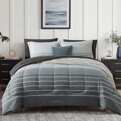 Monbix Full Size Comforter Set - 7 Pieces Bed in a Bag Full, Grey-Stripe Bedding Sets, All Seasons Comforter Bed Set with Sheets, Pillowcases & Shams Monbix