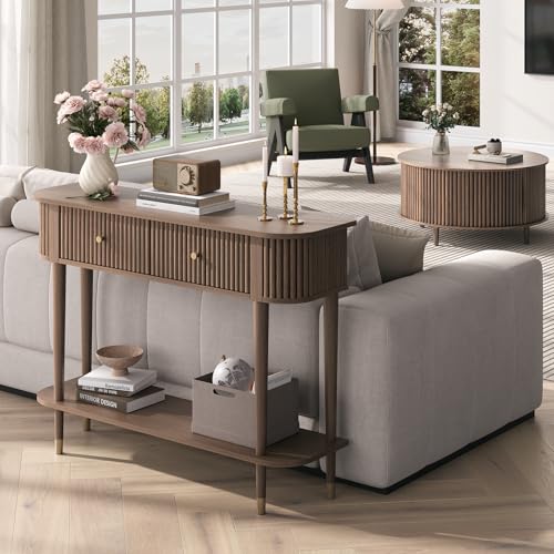 JOINICE 43" Entryway Table with Drawers,Fluted Console Table with Storage Shelf,Narrow Sofa Table for Living Room,Hallway,Foyer,Walnut JOINICE