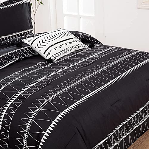 WONGS BEDDING Black Comforter Set King Size (104"x 90"), Reversible Boho Striped Bedding Set for King Bed - 3 Pieces (1 Comforter + 2 Pillowcases), Soft Microfiber Down Alternative WONGS BEDDING