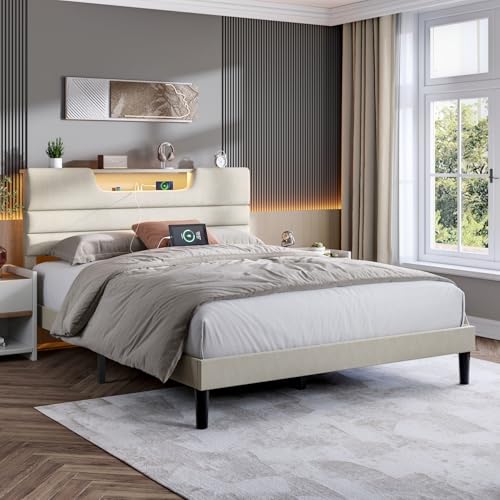 OURPIC Queen Bed Frame with Charging Station and LED Light, Upholstered Bed Frame Queen Size with Headboard, Wood Bedframe No Box Spring Needed, Easy Assembly, Beige OURPIC