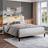 OURPIC Queen Bed Frame with Charging Station and LED Light, Upholstered Bed Frame Queen Size with Headboard, Wood Bedframe No Box Spring Needed, Easy Assembly, Beige OURPIC