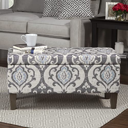 HomePop Large Upholstered Rectangular Storage Ottoman Bench with Hinged Lid, Slate Damask HomePop
