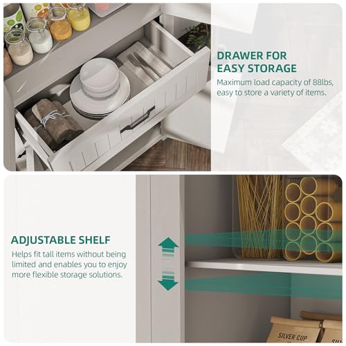 YITAHOME 72.6" H Farmhouse Kitchen Pantry Cabinet, Freestanding Tall Storage Cabinet with 4 Doors, Drawer and Adjustable Shelves, Tall Cupboard for Dining Room, Living Room, White Oak YITAHOME