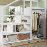 KEIKI Queen Size Metal Loft Bed Frame with Convertible Staircase, Built-in Storage Shelves & Wardrobe, Loft Bed with Solid Slats & Guardrail, No Box Spring Required, Easy Assembly, for Bedroom, White KEIKI