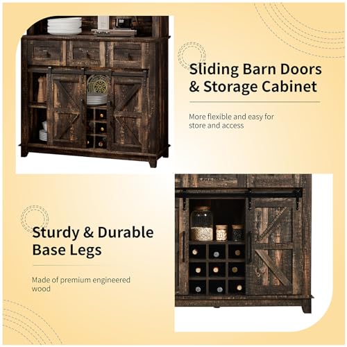 LUXOAK 72" Coffee Bar Wine Cabinet with Sliding Barn Door & LED Lights, Sideboard Buffet Cabinet with Wine Bottle Rack, 3 Drawers, Storage Cabinet for Kitchen, Dining Room, Dark Rustic Oak LUXOAK