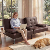 YESHOMY Modern Futon Sofa Bed, Convertible Futon Couch with Adjustable Backrest, Futon Loveseat Sleeper Sofa Bed with Armrest for Living Room, Small Spaces,PU Leather, Brown YESHOMY