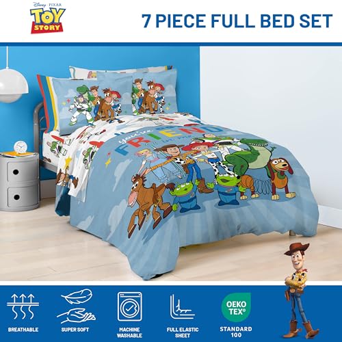Jay Franco Kids Comforter Set Includes Sheets and Pillow Cover - Soft and Cozy Bed Set for Stylish Room Decor, Blue - Toy Story, 7 Piece Full Jay Franco