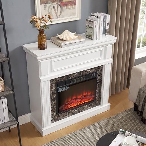 43" Electric Fireplace with Mantel, TV Stand w/Freestanding Electric Fireplace Heater, Fireplace Mantel Wooden Surround for Living Room (White) ZEIINPA