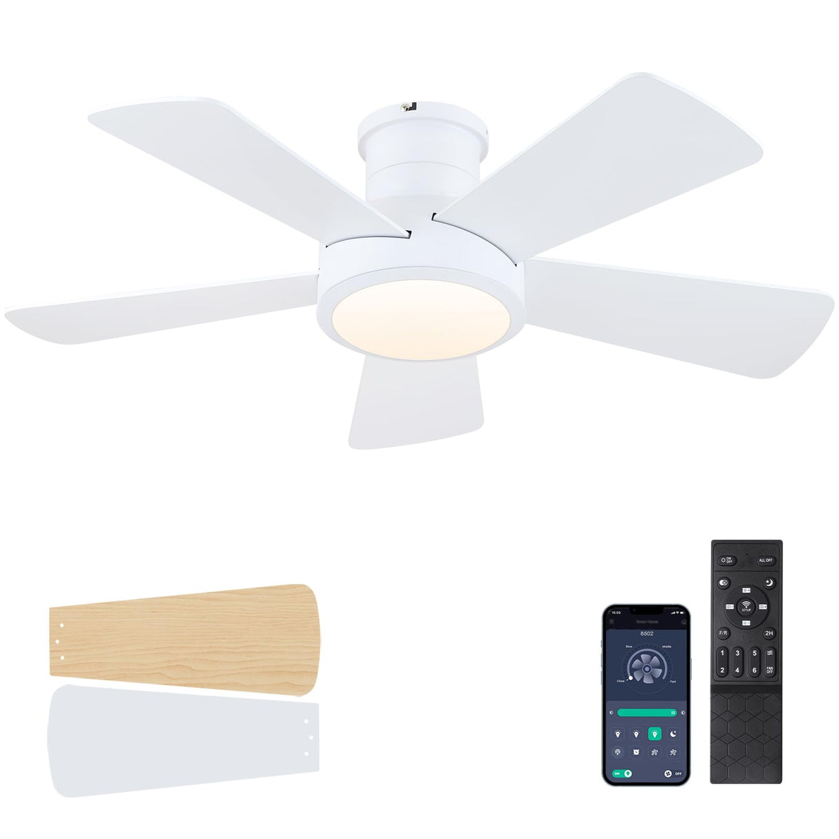 Ceiling Fans with Lights,Modern Low Profile Ceiling Fan with Light and Remote Control,5 Dual-Sided Blades,Reversible DC Motor,40" White Small Flush Mount Ceiling Fan for Bedroom Indoor/Outdoor Use Hounberi