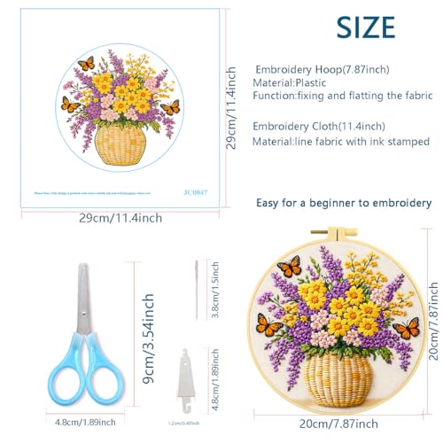 Zhenqing Butterfly Flower Embroidery Kit 4 Pack, Beginner Floral Craft Set with 20cm Hoop, Printed Patterns on 29x29cm Cotton Fabric, DIY Nature Design (JC0083)
