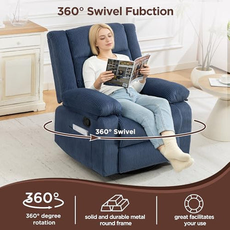 360° Swivel Rocker Recliner Chair for Adults, Nursery Manual Reclining Chair with Arms and Back, Upholstered Glider Rocking with Side Pockets for Living Room, Bedroom Nursing use, Corduroy, Blue FiveWillowise