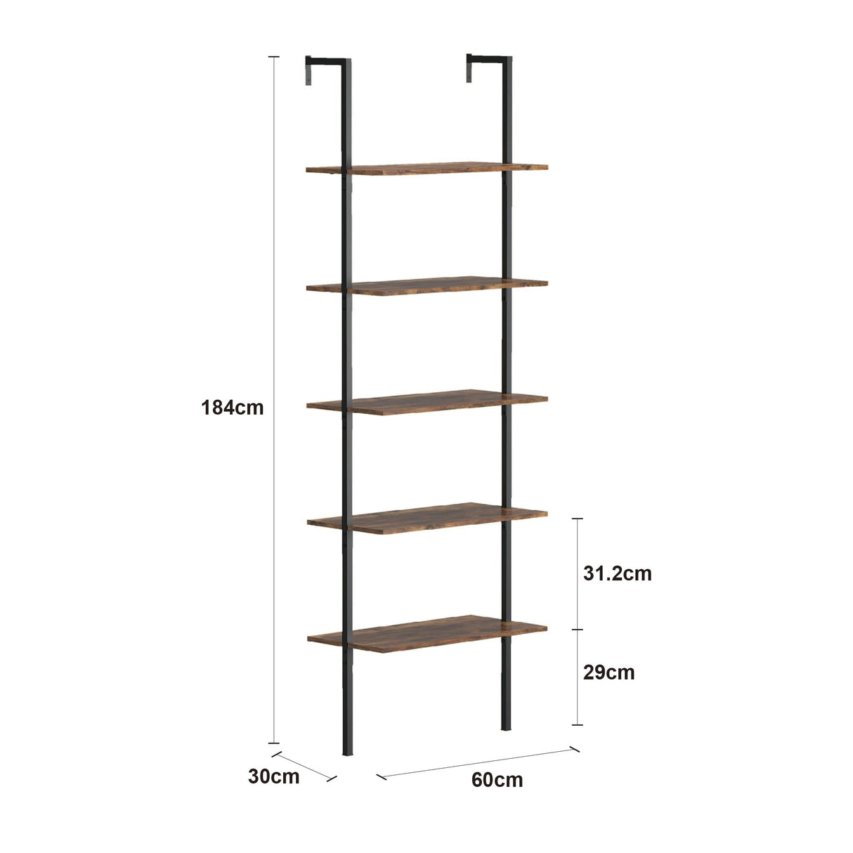 Panana Industrial 5 Tier Ladder Shelf, Open Space Book Shelf Wall Mount Bookshelf with Metal Frame Sturdy Bookcase for Living Room (Brown, 5 Tier) Panana