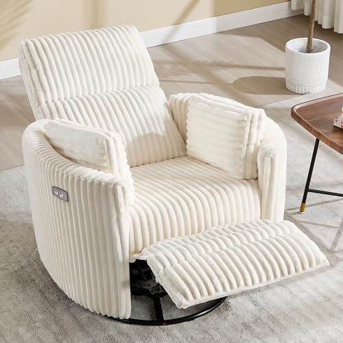Power Recliner,Nursery Swivel Glider Rocking Chair with USB Port,Upholstered Adult Electric Recliner Rocking Chair with 2 Pillows for Living Room Bedroom (Beige Corduroy, Power-Driven)