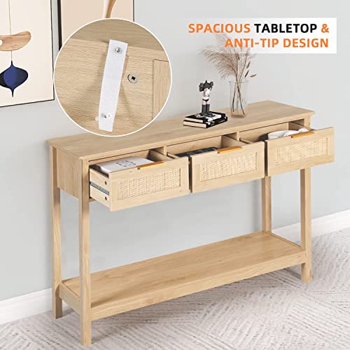 LAZZO Rattan Console Table Boho Entryway Table Narrow Long Sofa Table Hallway Foyer Table Behind Couch Table with 3 Drawers and Open Storage Shelf for Living Room and Corridor Natural Wood LAZZO