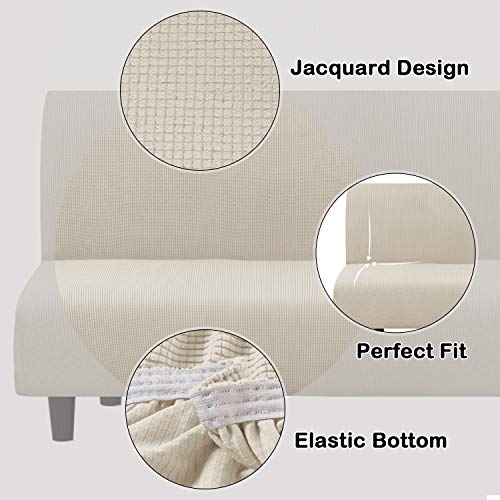 Turquoize Stretch Futon Cover Full Size Armless Sofa Bed Cover Futon Couch Cover Furniture Protector with Elastic Bottom Feature Thick Soft Checked Jacquard Fabric, Machine Washable, Biscotti Beige Turquoize