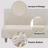 Turquoize Stretch Futon Cover Full Size Armless Sofa Bed Cover Futon Couch Cover Furniture Protector with Elastic Bottom Feature Thick Soft Checked Jacquard Fabric, Machine Washable, Biscotti Beige Turquoize