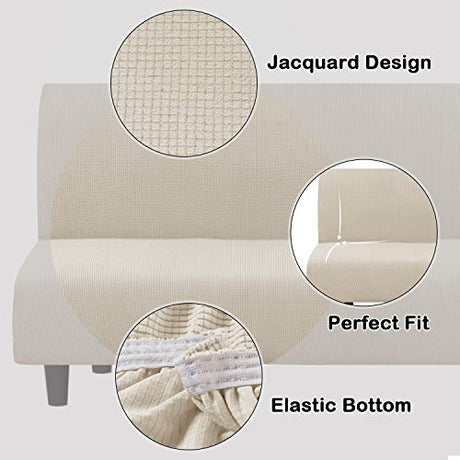 Turquoize Stretch Futon Cover Full Size Armless Sofa Bed Cover Futon Couch Cover Furniture Protector with Elastic Bottom Feature Thick Soft Checked Jacquard Fabric, Machine Washable, Biscotti Beige Turquoize