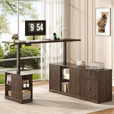 63" L-Shaped Electric Standing Desk, Executive Standing Desk with File Cabinet, Height Adjustable Sit Stand Desk with Storage Shelves & Drawers, Corner Computer Desk with Power Outlet, Brown Squireewo