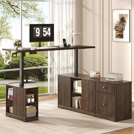 63" L-Shaped Electric Standing Desk, Executive Standing Desk with File Cabinet, Height Adjustable Sit Stand Desk with Storage Shelves & Drawers, Corner Computer Desk with Power Outlet, Brown Squireewo