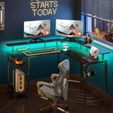 Rolanstar L Shaped Gaming Desk with LED Lights & Power Outlets, 46.2" Computer Desk with Full Monitor Stand & Storage Shelf, Corner Desk with Hooks, Black Desk Reversible Rolanstar