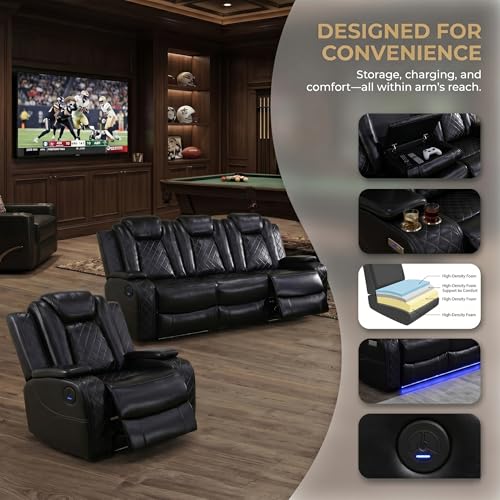 ELDANISH 2-Piece Leather Power Recliner Sofa Set for Living Room with USB Ports,LED Ambient Lighting & Storage Console,Modern Ergonomic Sectional Couch,Home Theater Seating (1Loveseat+1 Sofa,Black)