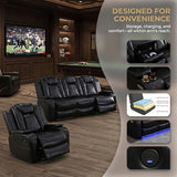 ELDANISH 2-Piece Leather Power Recliner Sofa Set for Living Room with USB Ports,LED Ambient Lighting & Storage Console,Modern Ergonomic Sectional Couch,Home Theater Seating (1Loveseat+1 Sofa,Black)