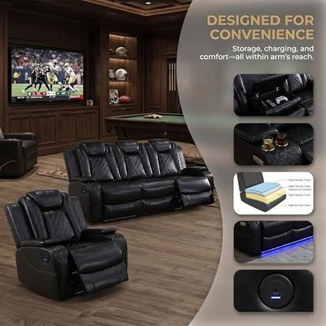 ELDANISH 2-Piece Leather Power Recliner Sofa Set for Living Room with USB Ports,LED Ambient Lighting & Storage Console,Modern Ergonomic Sectional Couch,Home Theater Seating (1Loveseat+1 Sofa,Black) ELDANISH