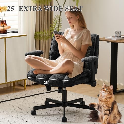 Criss Cross Legged Office Chair with Flip-Up Arms and Wheels, Wide Seat Desk Chair with Built-In Dynamic Airbag Lumbar Support, Modern Cross-Leg Chair for Home Office, Apartment, Vanity, Black Kassipo