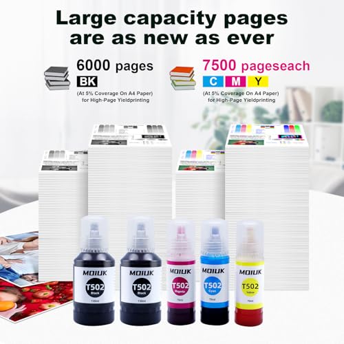5 Pack T502 502 Ink Refill Bottles Compatible with Epson EcoTank 502/ET Series - Suitable for ET-2760, ET-4760, ET-2750, ET-3760, ET-2850, ET-15000, ST-4000, ST-2000 (5 Bottles: 2BCMY Moiuk