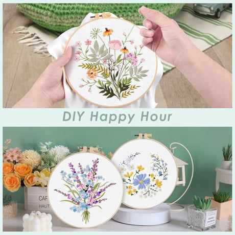 ERKOON Embroidery Kit for Beginners, 5 Sets Flower Cross Stitch Set for Adults Include Embroidery Cloth Hoops Threads for Craft Lover Hand Stitch with Skill Techniques (Flower) ERKOON