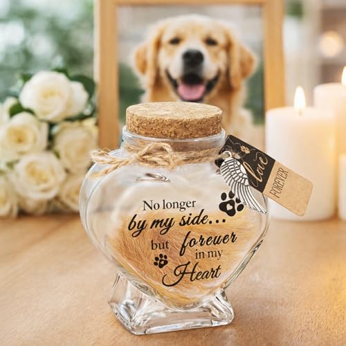 BluBrk Pet Fur Keepsake Jar-Pet Memorial Gift for Loss of Dog or Cat, Heart-Shaped Glass Pet Hair Keepsake Bottle, Dog Fur Keepsake & Cat Fur Keepsake, Printed Quote Forever in My Heart”