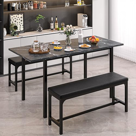 VECELO 3-Piece 63" Extendable Kitchen Table with Benches/Chairs, Modern Breakfast Dinette/Dining Room Set for 4/6/2, Small Space Saving Design, Easy Assembly VECELO